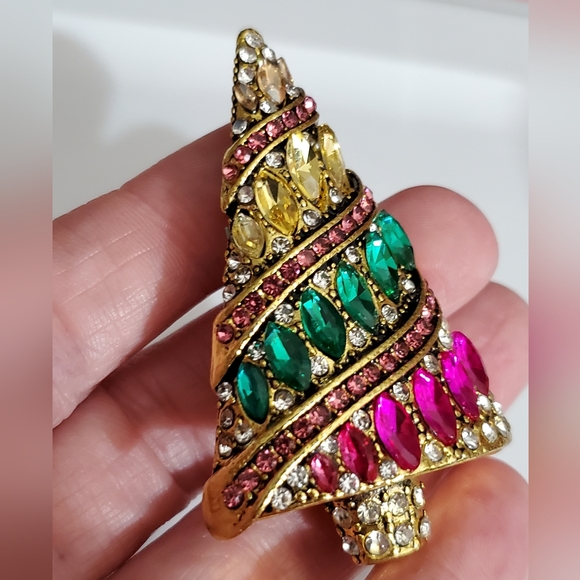 AMAZING Christmas tree brooch glass rhinestones marquis vintage style gold big - Picture 7 of 11